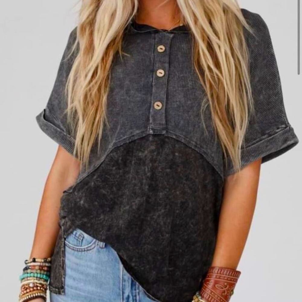 Fantastic Fawn Washed Black Short Sleeve Henley Top
